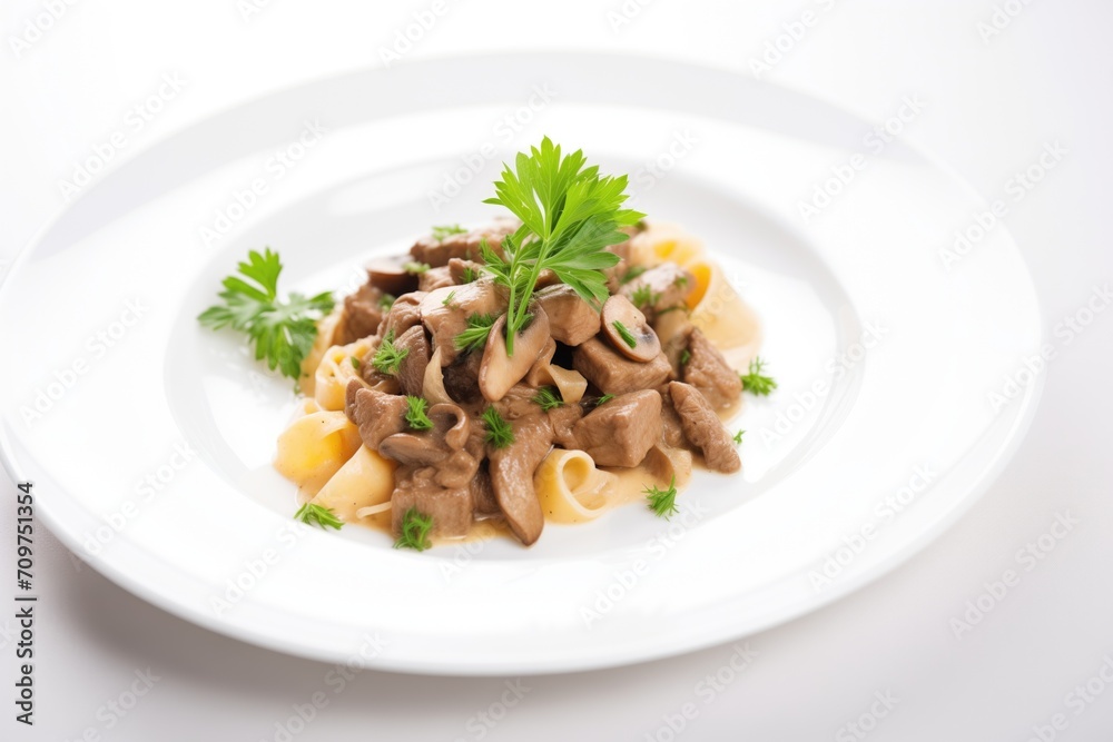 close-up of beef stroganoff plated on white porcelain, garnished with parsley close-up of beef stroganoff plated on white porcelain, garnished with parsley