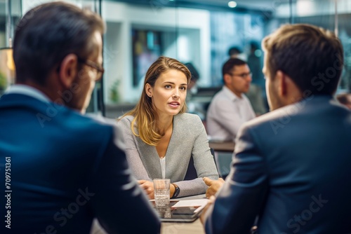 Female leader discussing with male team collaboration in office. Meeting of subordinates with blonde boss to discuss new introductions in company