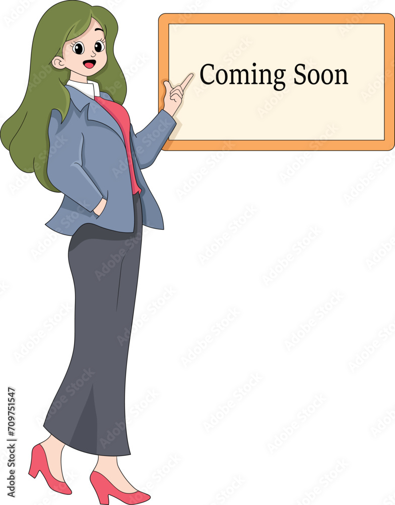 illustration of a sale banner announcing a new product is coming, a woman standing pointing at a board