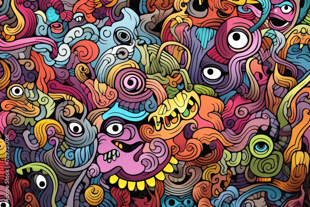 Obraz premium Cartoon cute doodles of abstract surreal elements, intricately woven together to create a detailed and seamless pattern, Generative AI