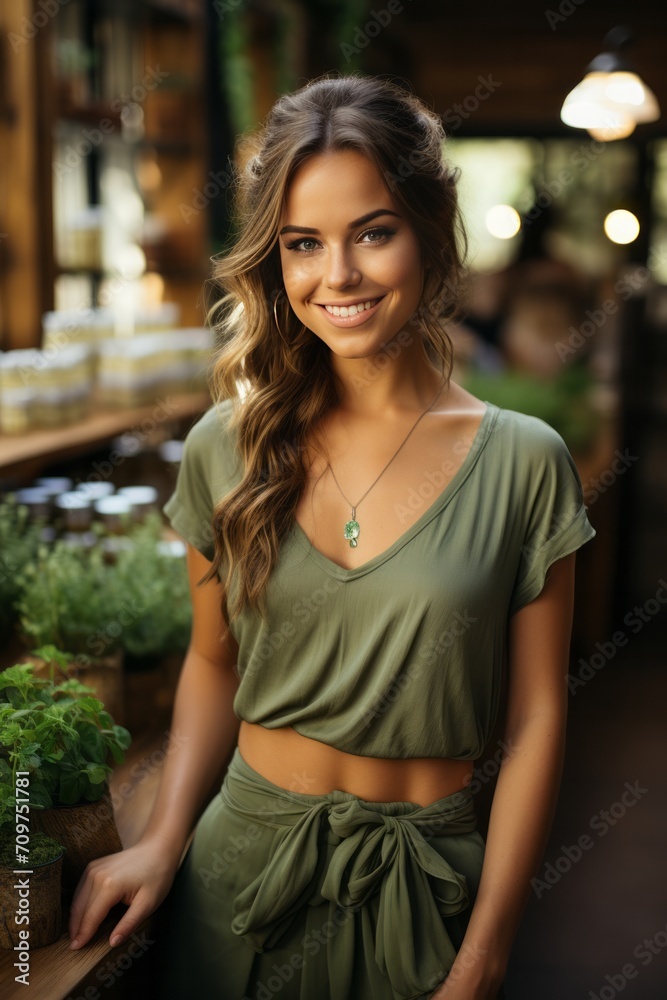 Female eco-friendly product store owner with her eco-conscious products, Generative AI Female eco-friendly product store owner with her eco-conscious products, Generative AI