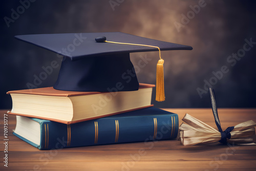 graduation hat and book for education day. Neural network AI generated art