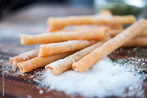 close-up of breadsticks with coarse sea salt on top