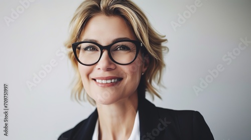 Beautiful middle-aged businesswoman with glasses against a gray background.