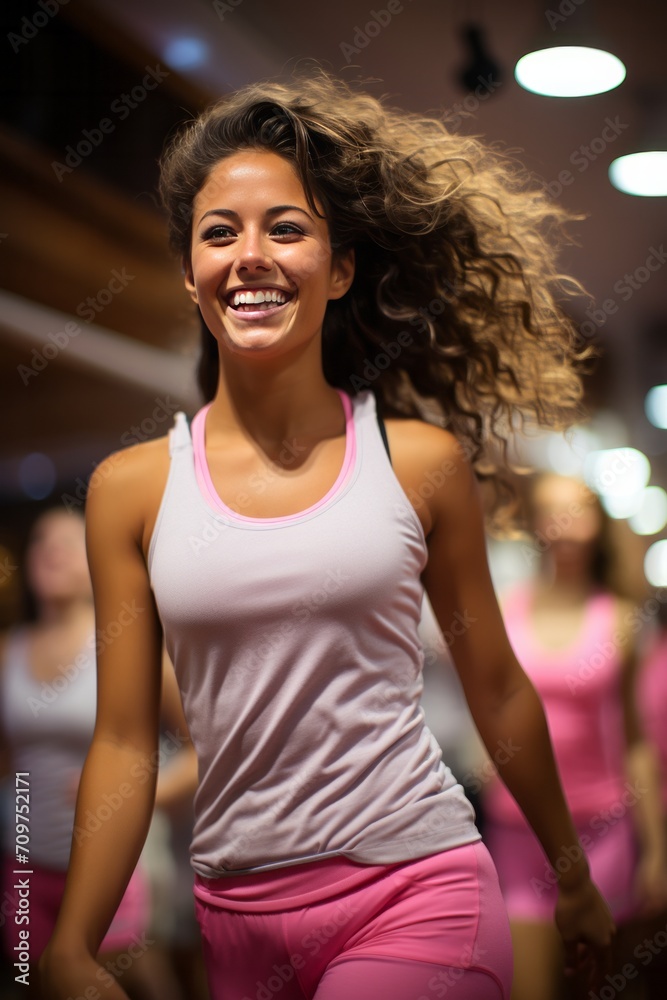 Fototapeta premium Female fitness studio owner leading a dynamic workout class, Generative AI