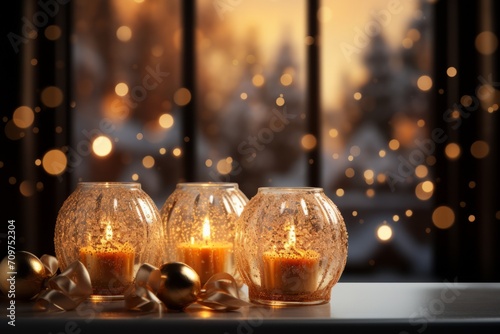 Glowing Christmas Candles Illuminating a Snowy Windowsill, on an isolated Warm Gold background, Generative AI