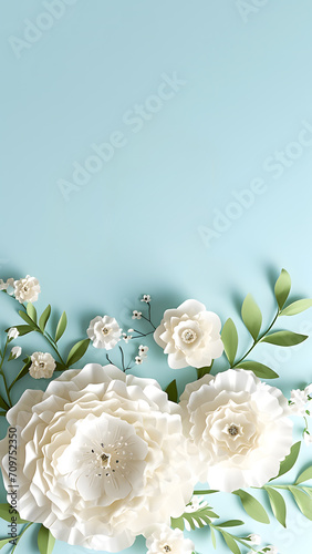 Fototapeta Mother's day concept - vertical background for stories, white flowers in paper cradt style, solid color background
