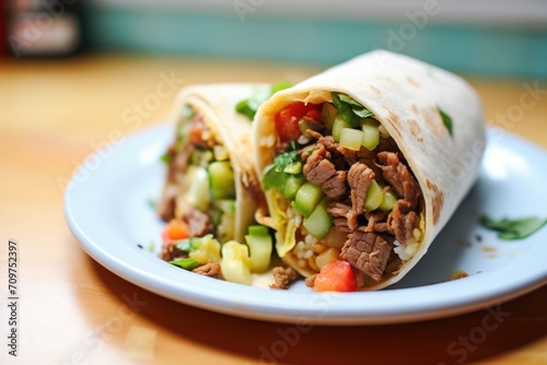 beef burrito cut in half, showing filling, on a ceramic dish