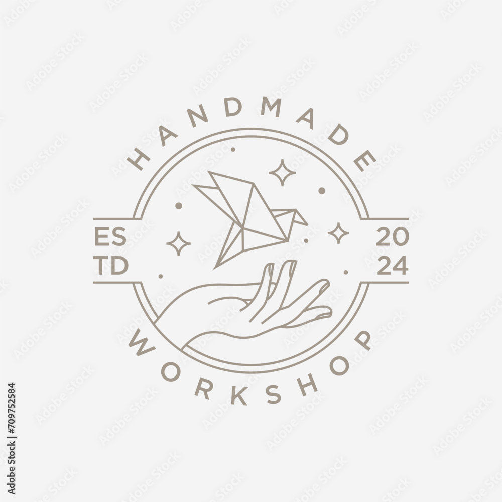 Hand and paper bird in a circle for handmade workshop logo business, design illustration logo.
