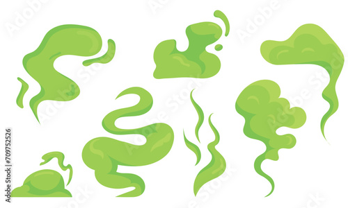 Green smoke, bad smell, isolated set. Cartoon vector stench or stink, comic book effect. Disgusting stinky breath, fart, curly fume trails, smelly garbage vapor. Vector set