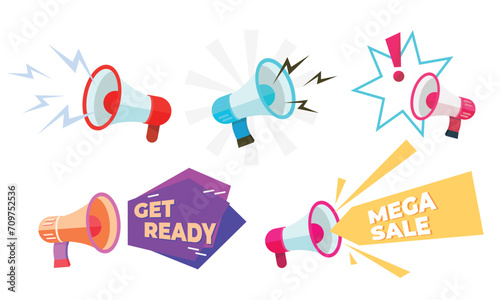 Set of Megaphones. Megaphone. Loudspeaker, speaker, bullhorn alert. Vector illustration in flat style. Advertising and business promotion symbol