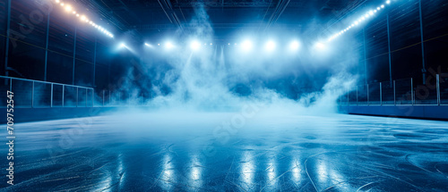 Ice Rink Background. Professional Arena illuminated neon lights, spotlights with smoke. Copyspace. Winter poster for hockey competitions. Ice skating. Stadium. Generative ai 