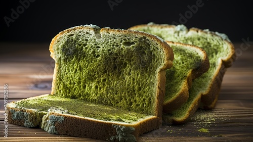 Moldy bread with green mildew.