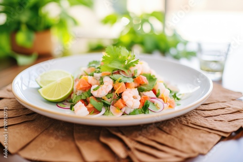 pile of fresh lime-marinated shrimp ceviche on plate with cilantro photo