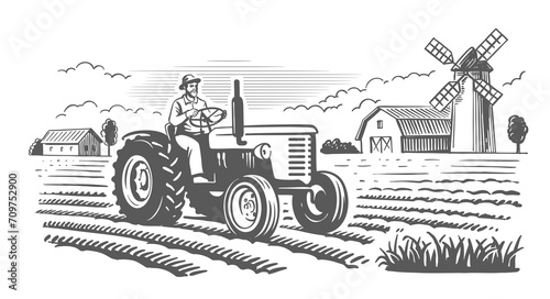 Country farm with tractor and mill. Countryside line sketch