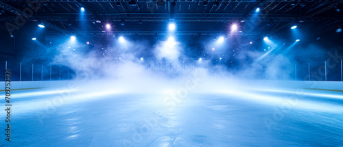 Ice Rink Background. Professional Arena illuminated neon lights, spotlights with smoke. Copyspace. Winter poster for hockey competitions. Ice skating. Stadium. Generative ai 