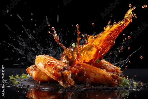 chicken wings are splashing in a hot sauce 