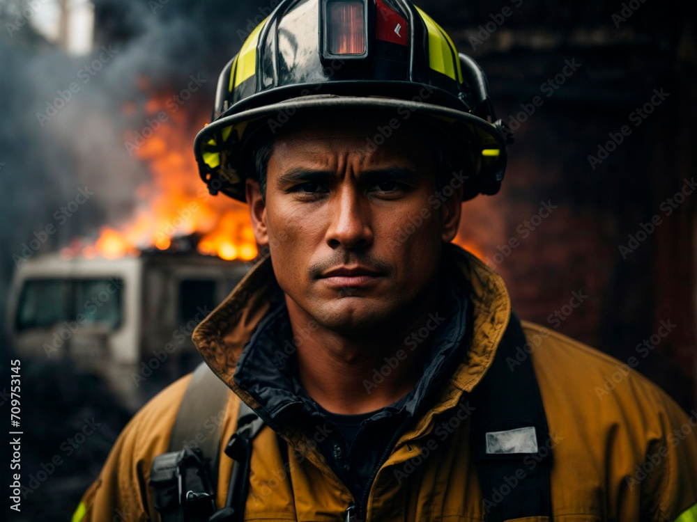 A strong firefighter in a building fire A strong firefighter in a building fire