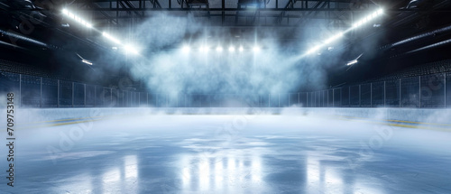 Ice Rink Background. Professional Arena illuminated neon lights  spotlights with smoke. Copyspace. Winter poster for hockey competitions. Ice skating. Stadium. Generative ai 