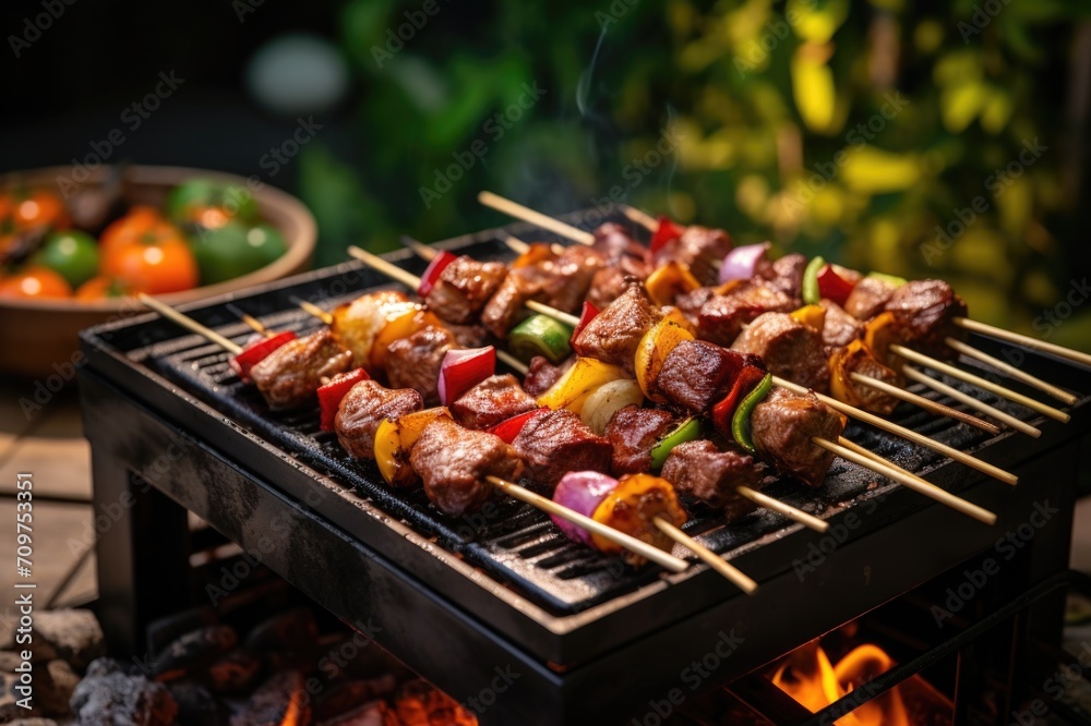 outdoor barbeque with beef skewers inside the grill