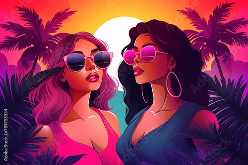 Two girls at an outdoor party on vacation on an exotic beach, in neon lights, with palm trees in the background
