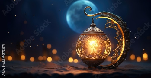 ramadan moon with glowing lantern with background of another moon photo