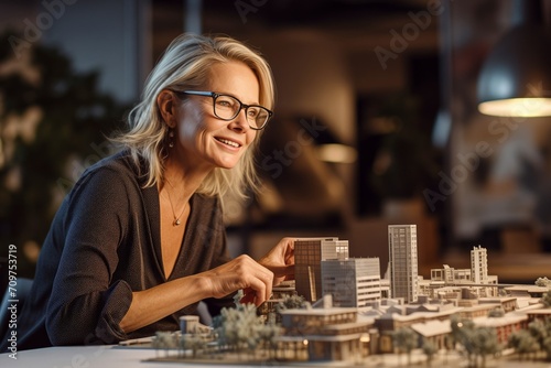 Female architect presents own award-winning building model on table. Building designer developed miniature of residential neighbourhood for townspeople