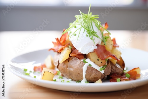 loaded baked potato with chives, bacon, and sour cream