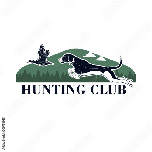 Hunting club vector emblem, badge, label or logo with dog and duck