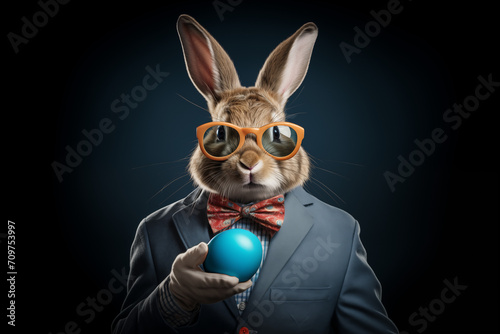 Easter Bunny – a modern trendsetter donned in a sharp suit and bow. With a flair for fashion, he adds a touch of sophistication to the festivities while showcasing a colored Easter egg masterpiece. 