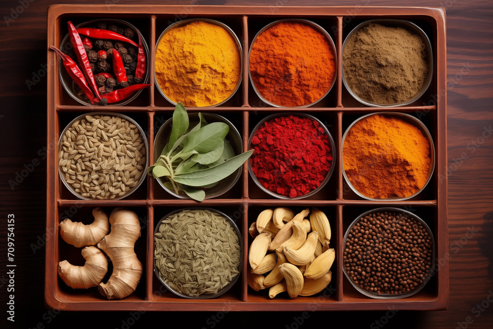Indian spices used in Indian cooking sush as masala hot curry whole