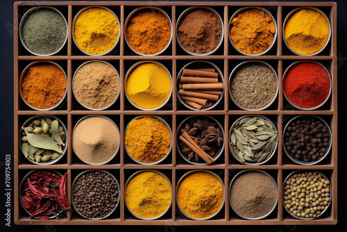 Indian spices used in Indian cooking sush as masala hot curry whole spices like turmeric. Top view of spices in boxes. Generative AI