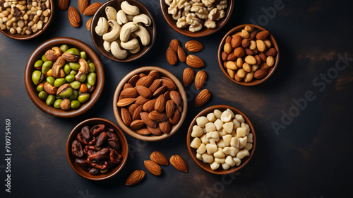 Assortment of nuts in bowls. Cashew hazelnuts pecan
