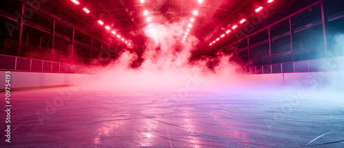 Red Ice Rink Background. Professional Arena illuminated red neon lights  spotlights with smoke. Copyspace. Winter poster for hockey competitions. Ice skating. Stadium. Generative ai 