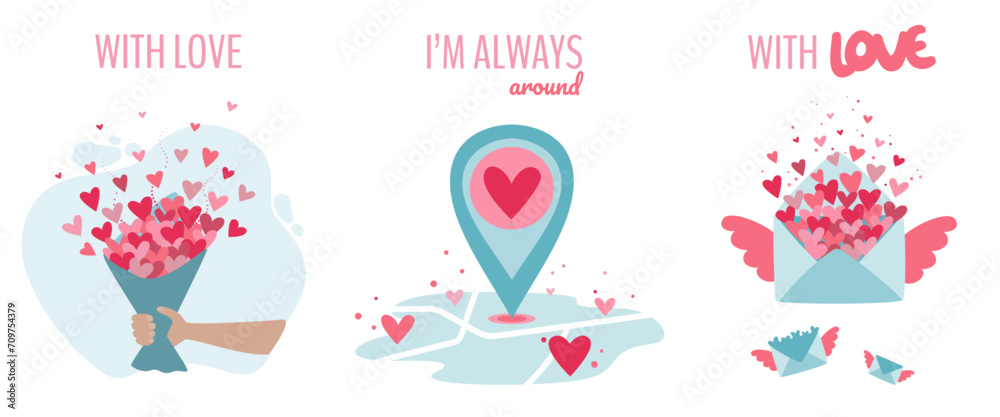 Set of valentines day vector illustrations. Flat style design. Set of valentines day vector illustrations. Flat style design.
