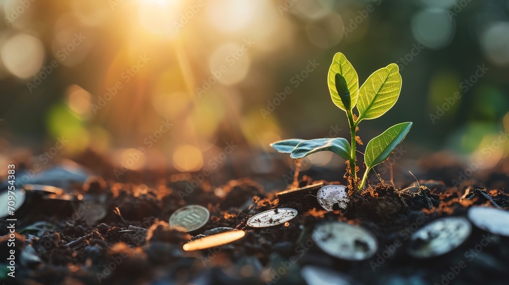 Sunlight shines through growing seedlings with coins piled around, concept of saving money. - obrazy, fototapety, plakaty 