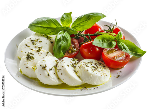 Fresh mozzarella and tomato salad dressed with basil and olive oil. Transparent background with a side of olive oil. 