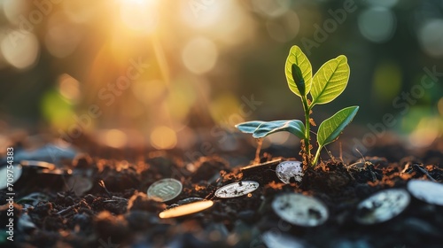 Sunlight shines through growing seedlings with coins piled around, concept of saving money.