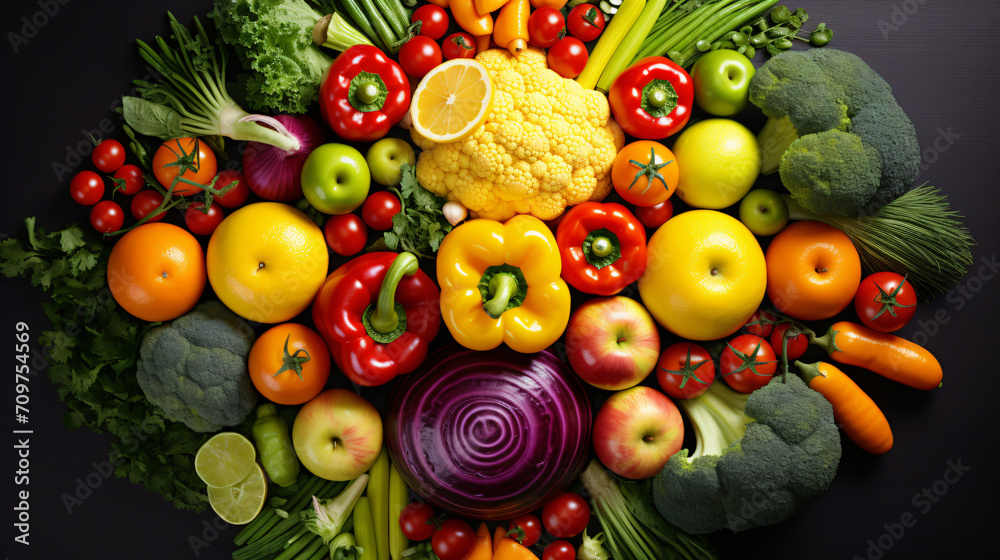 Colorful vegetables and fruits vegan food in rain