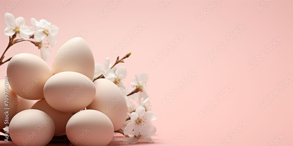 Beige Eggs Resting Among Peach Blossoms on a Peach Surface, Symbolizing Serenity in an Easter Banner Display
