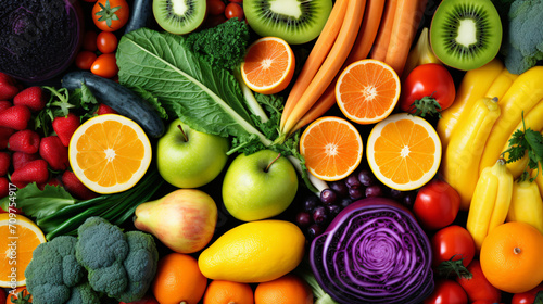 Colorful vegetables and fruits vegan food in rain