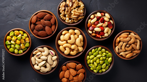 Assortment of nuts in bowls. Cashew hazelnuts pecan
