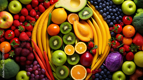 Colorful vegetables and fruits vegan food in rain