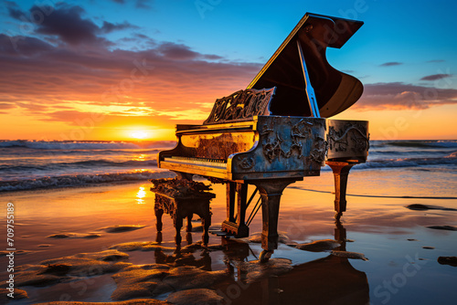 Majestic Piano Stands Alone on Scenic Beach at Sunset