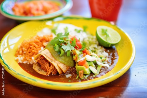 individual serving of enchilada with a side of rice and beans photo