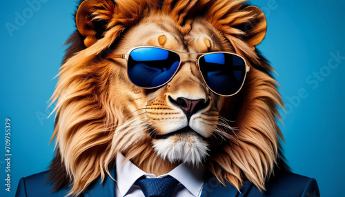 Lion in business suit with sun shades on blue background