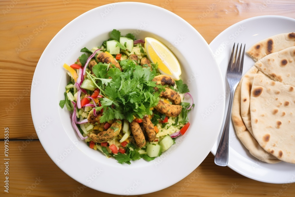 top view of a falafel salad with hummus and pita bread top view of a falafel salad with hummus and pita bread