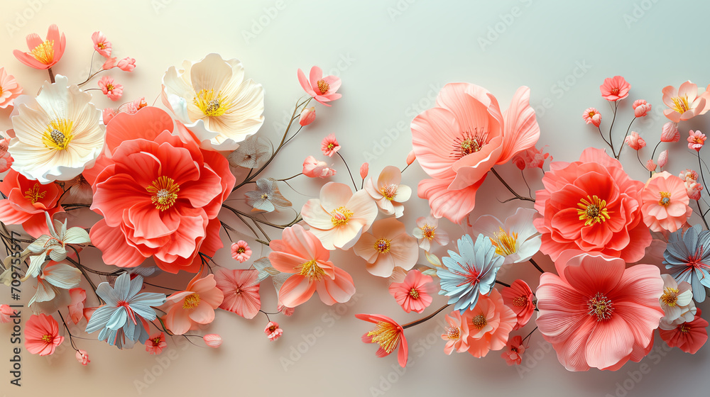 Festive flowers on pastel background. Overhead top view.