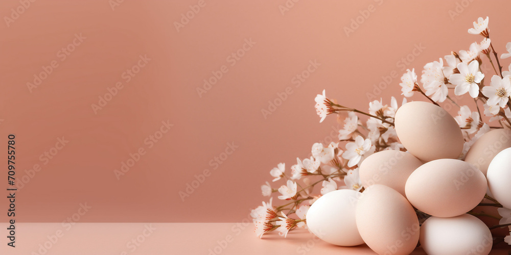 Warm Beige Eggs and Peach Blossoms on a Peach-Hued Surface, Creating an Elegant Banner for Easter Celebrations Warm Beige Eggs and Peach Blossoms on a Peach-Hued Surface, Creating an Elegant Banner for Easter Celebrations