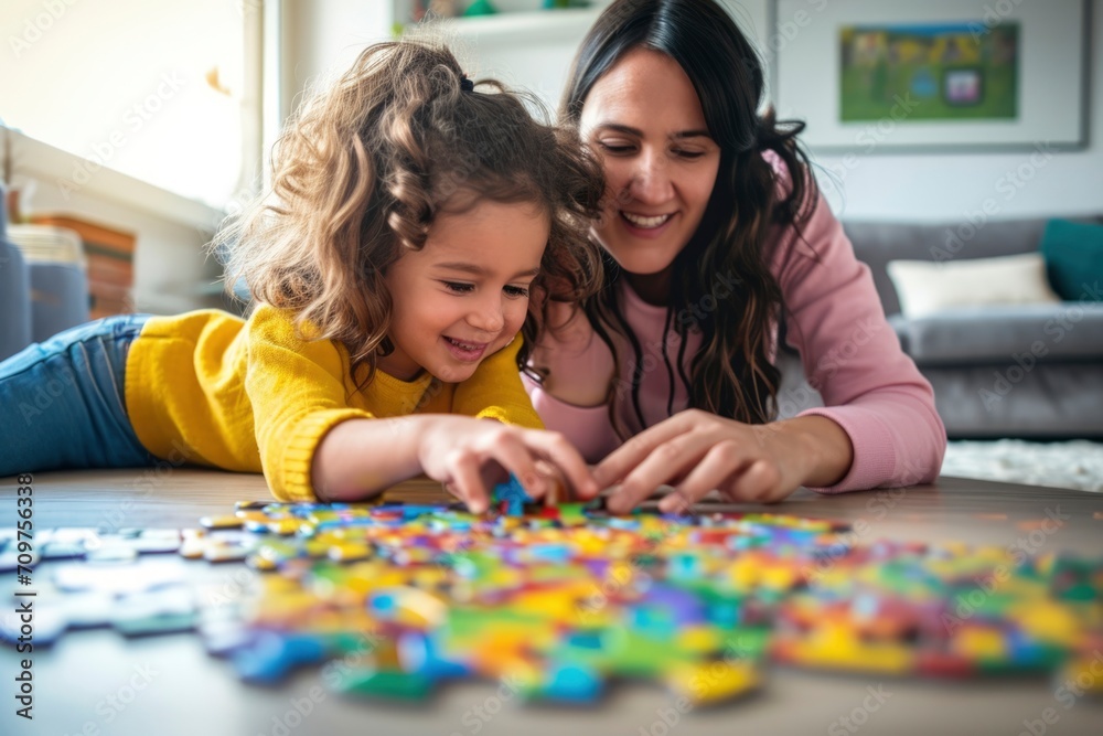Fototapeta premium Focused child assembling colorful jigsaw puzzle pieces
